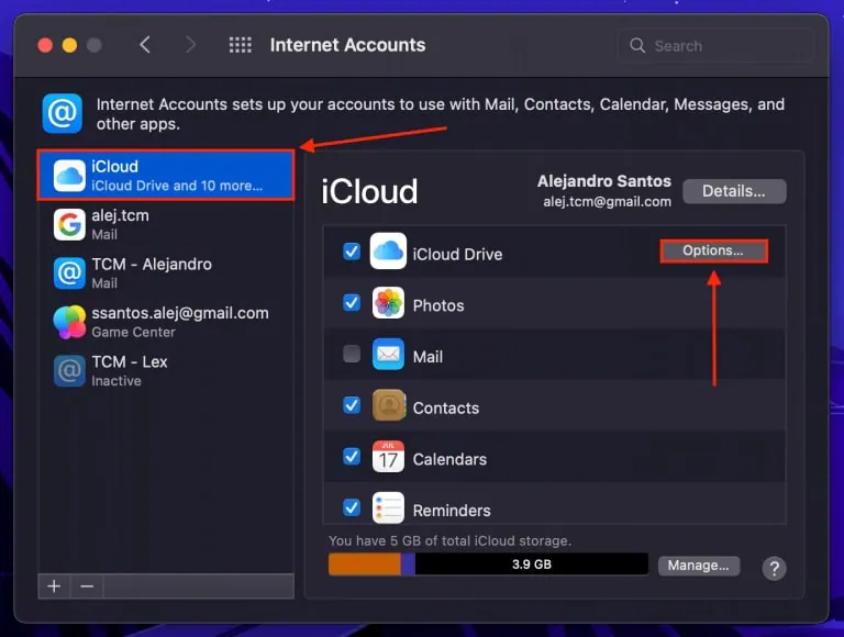 sélectionnez les options iCloud dans les préférences système