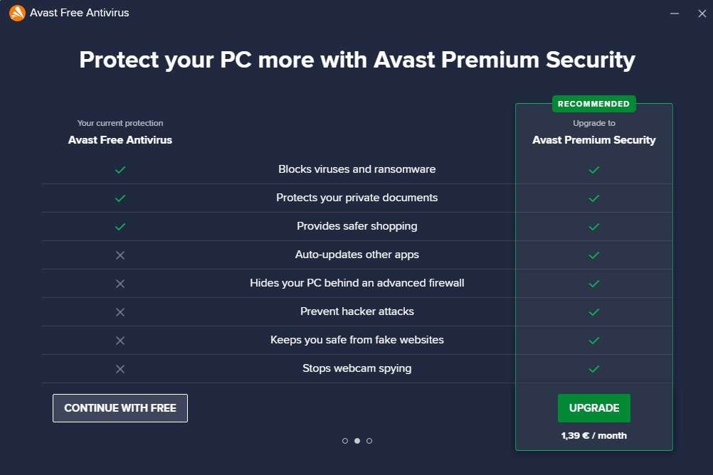 avast's product recommendation and upgrades