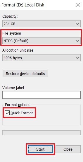 perform quick format sd card