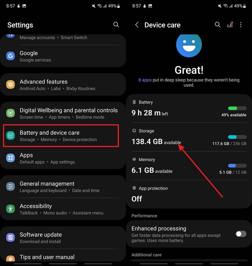 access storage battery device care settings