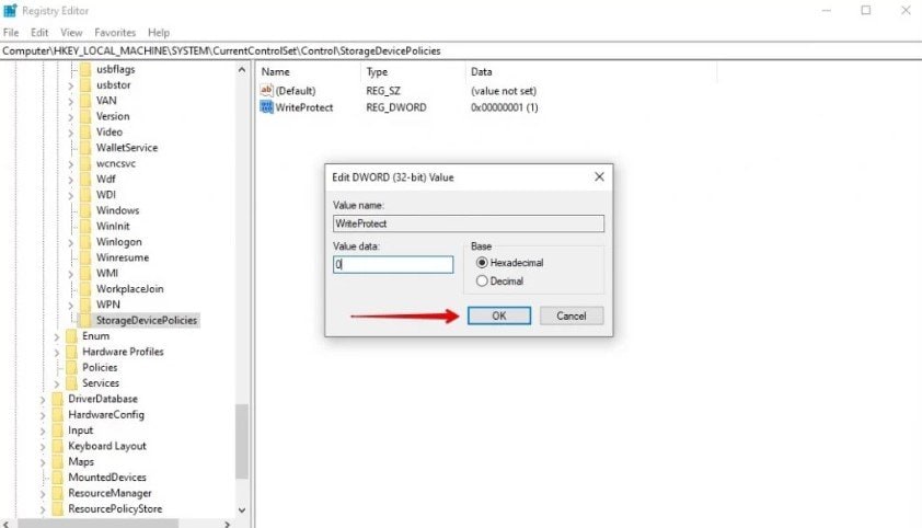 unwrite protect an sd card in the registry editor