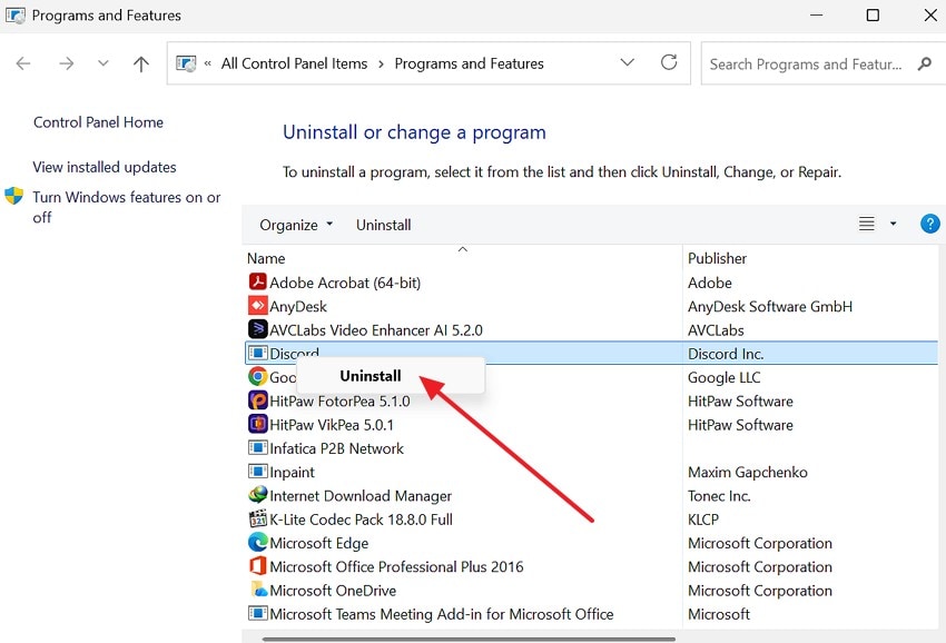 right click to uninstall