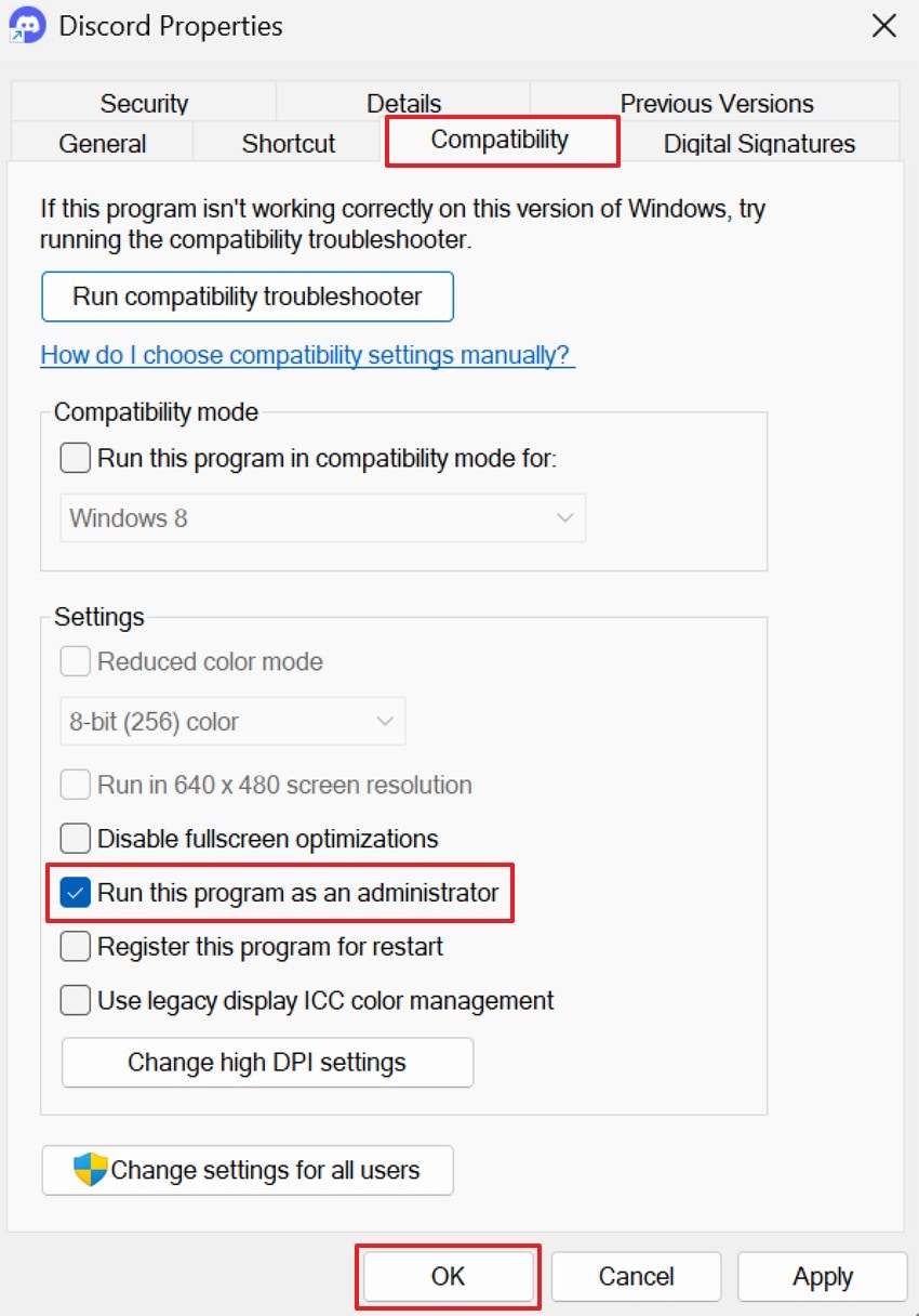 access the compatibility tab