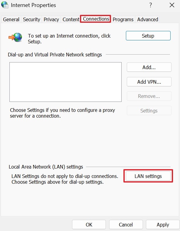 check for proxy settings