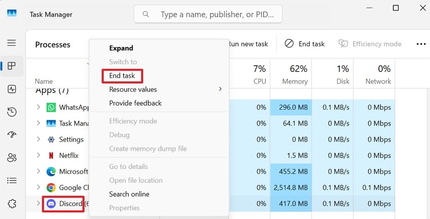choose the end task option