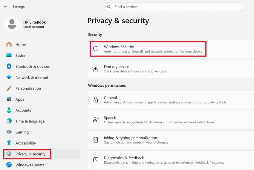 locate the windows security option