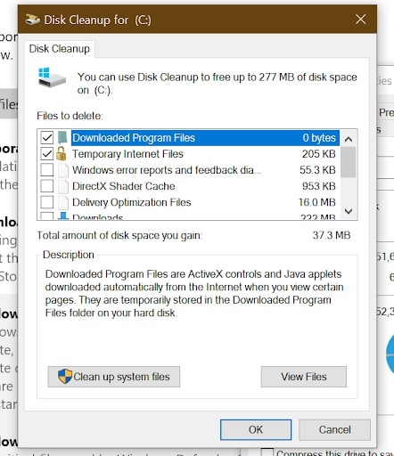 options in the disk cleanup pop up menu