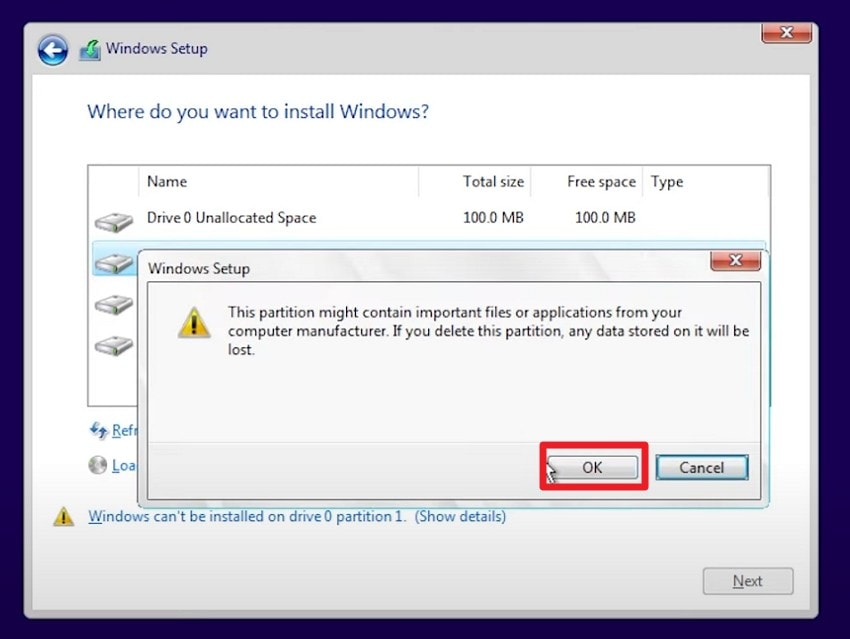 delete existing partition windows