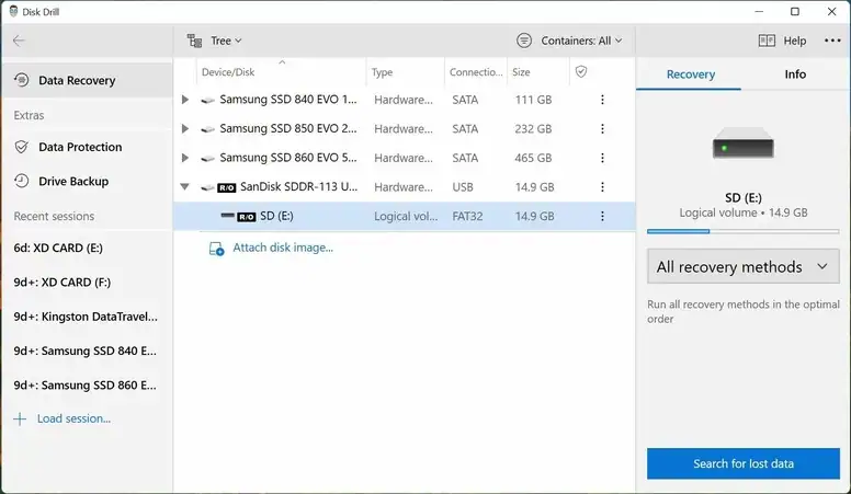 choisissez une carte sd dans disk drill