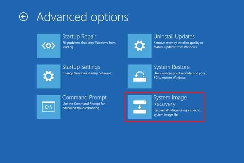windows recovery environment advanced options showing system image recovery