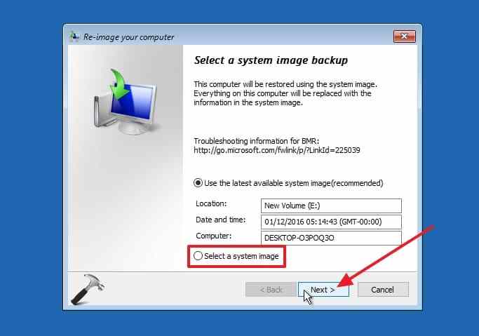 legacy system image recovery wizard showing manual image selection