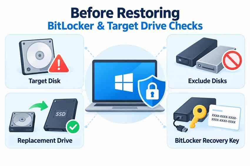 windows system image restore safety checks for target disks and bitlocker key