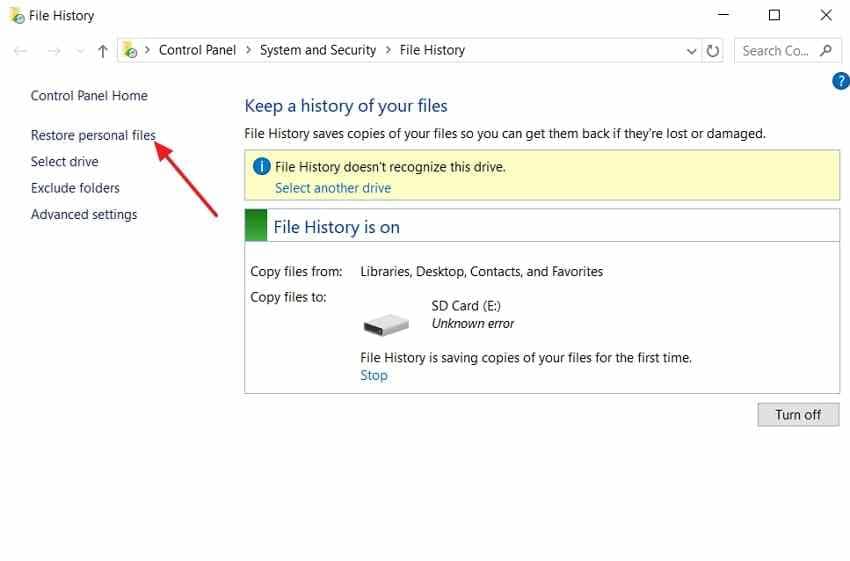 windows file history interface showing restore personal files navigation