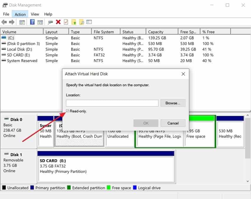 windows disk management attach virtual hard disk dialog with read only option