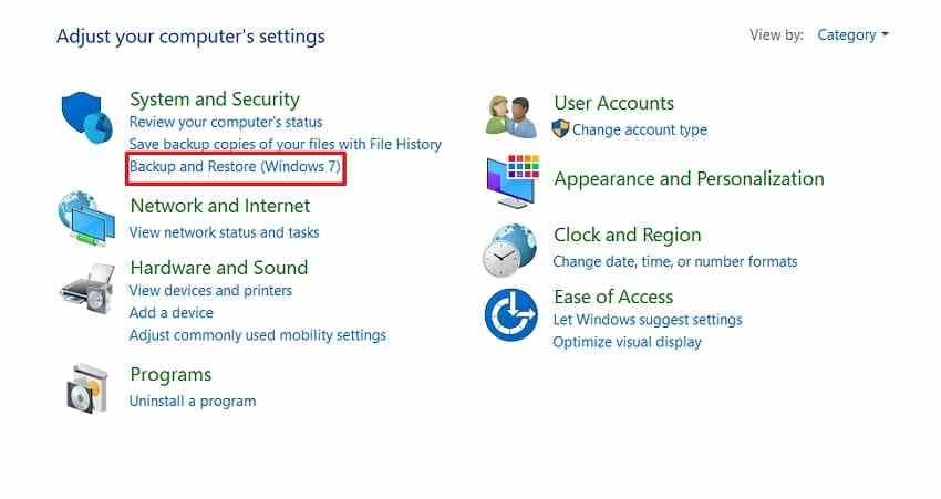 windows 10 control panel highlighting backup and restore windows 7