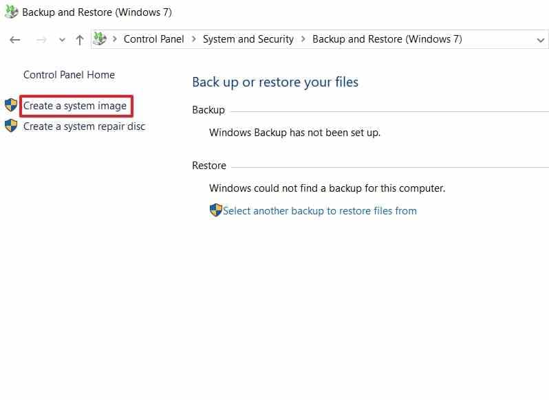 windows backup and restore panel highlighting create a system image