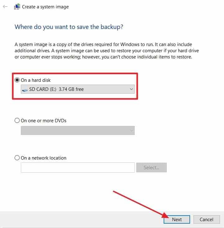 legacy windows system image wizard showing destination selection example