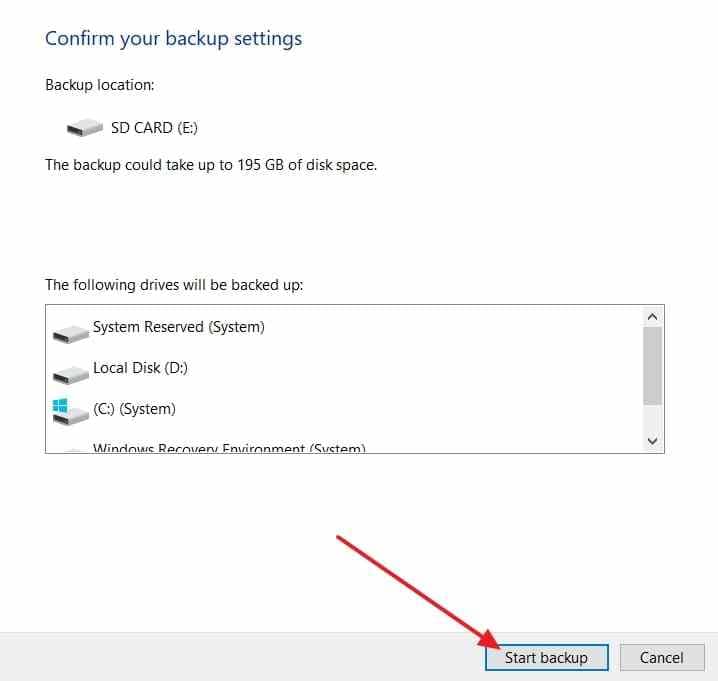 legacy system image confirmation screen showing volumes and start backup button