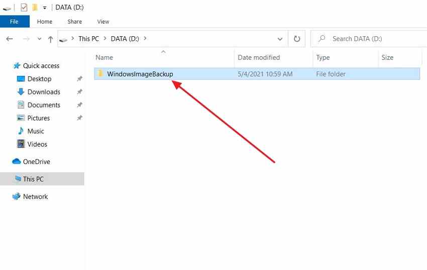 windows file explorer showing windowsimagebackup directory on backup drive