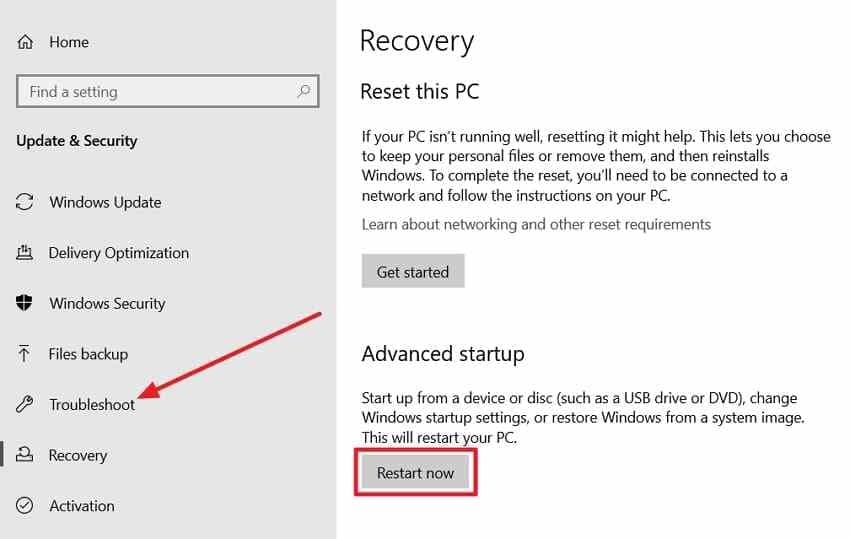 windows 10 recovery settings showing advanced startup restart now button