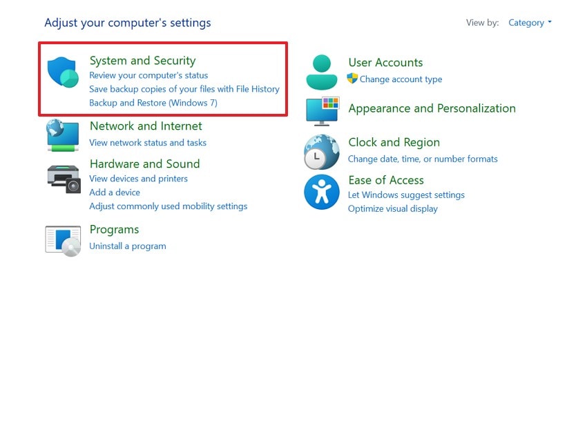 enter system and security tab