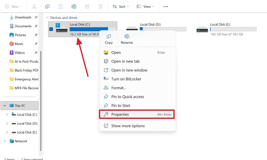 enter c disk properties