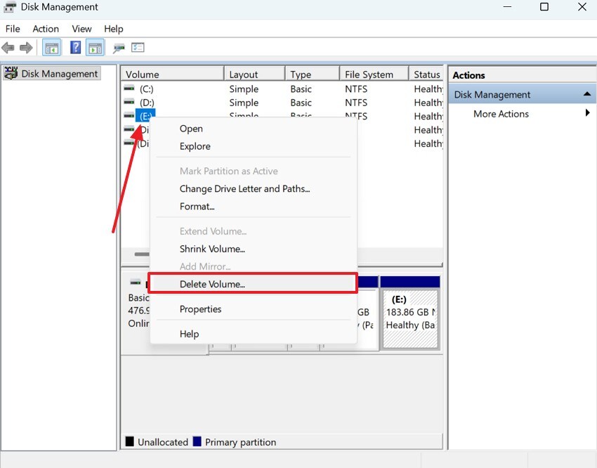 delete e disk volume