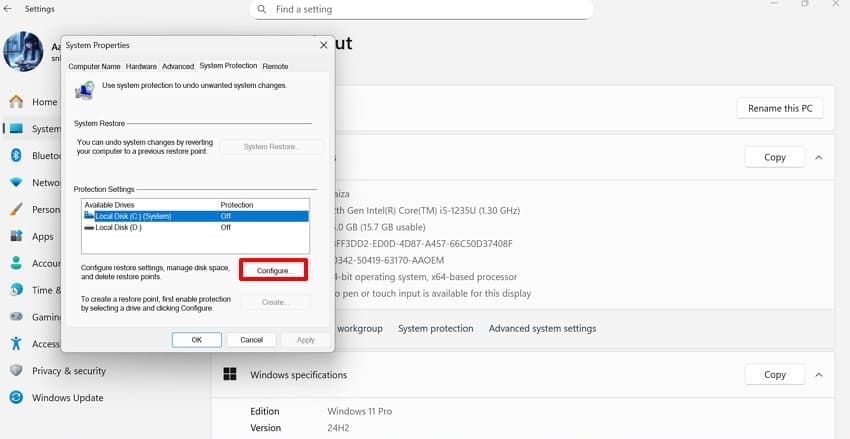 system properties configure windows 11