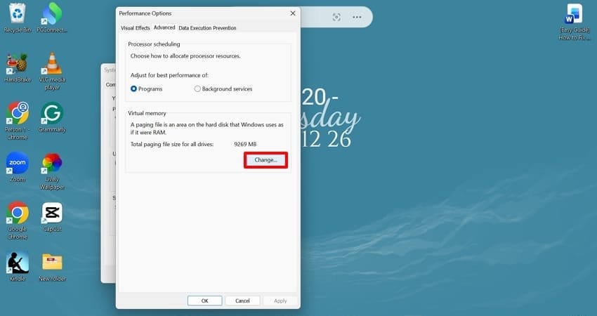 change virtual memory disk space error