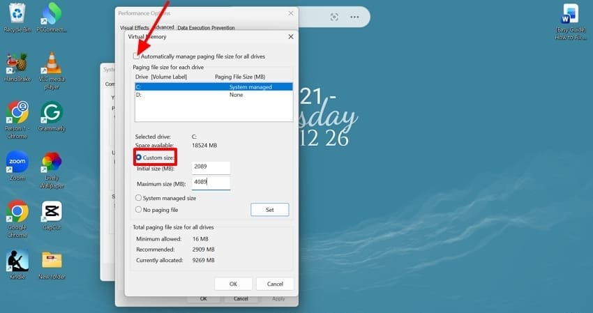set custom size of virtual memory