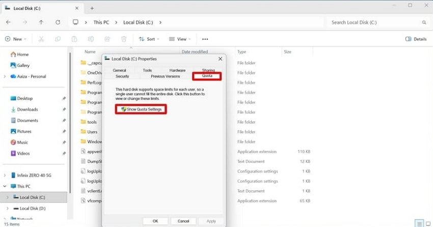 check quota settings windows 11