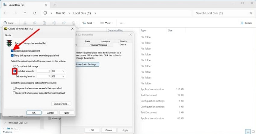 enable quota management disk space error