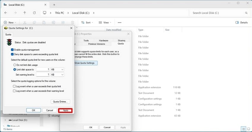 set disk space limits apply settings