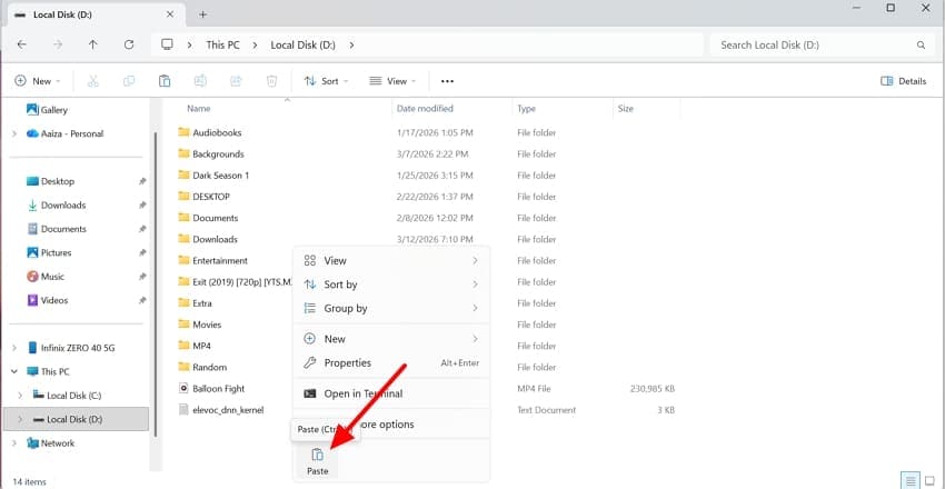 paste folder into d drive