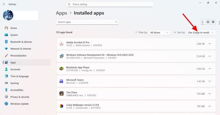 filter applications on size windows 11