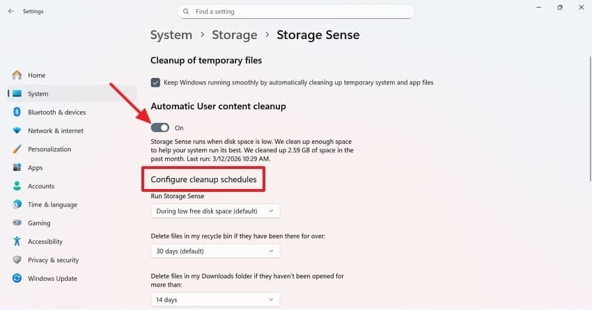 configure cleanup schedules storage sense