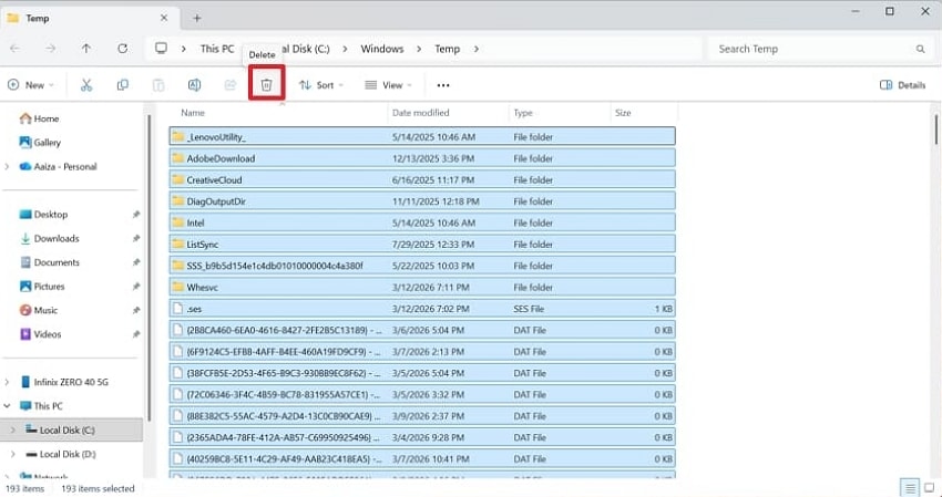 disk space error fix delete files