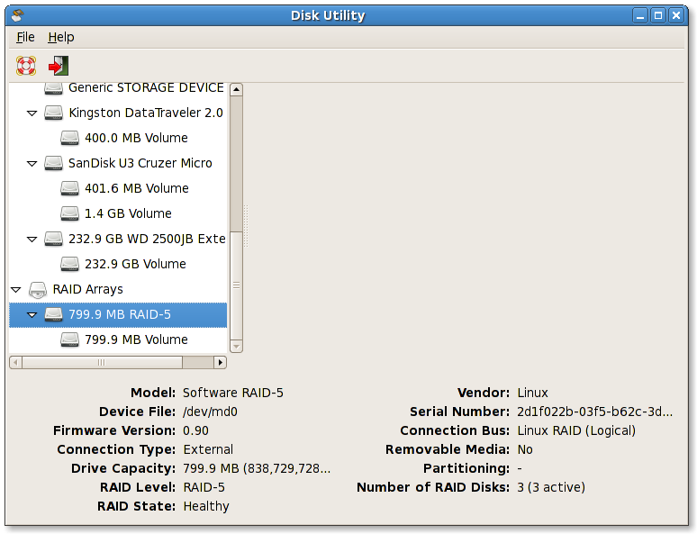 disk utility application listing storage devices in the left sidebar with volume information shown on the right