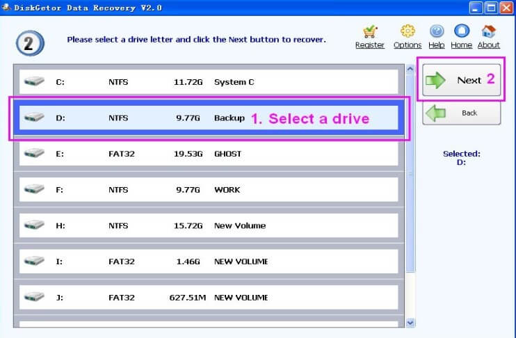 selecting recovery drive in diskgetor 