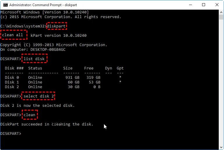 usar diskpart clean para borrar todos los datos del disco