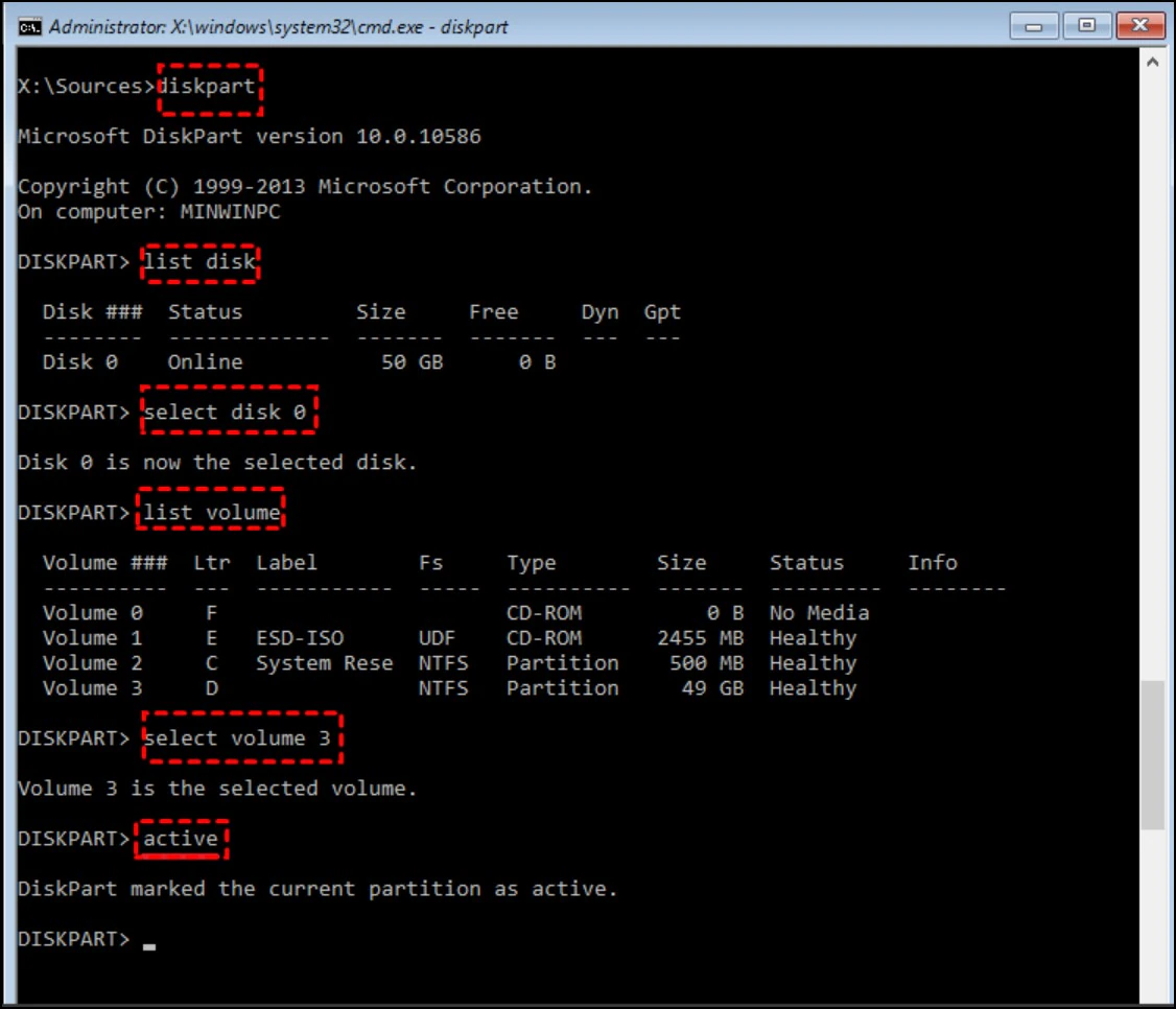 create boot partition with diskpart cmd