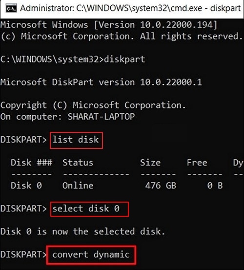 diskpart commands to create dynamic partition