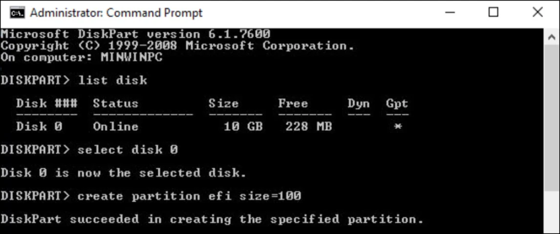 créer une partition efi avec diskpart