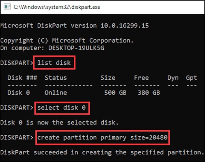 diskpart creates a primary partition