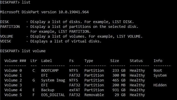 microsoft diskpart list partition commands