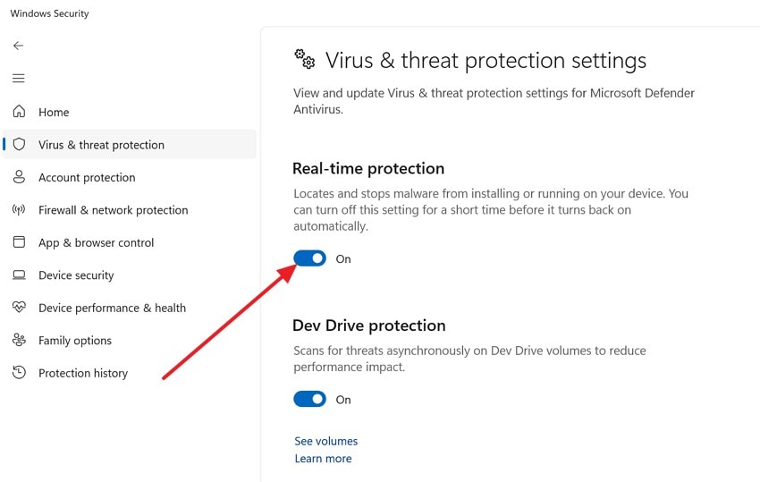 toggle real time protection off