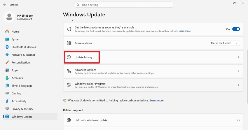 locate the update history option