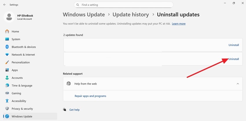press the uninstall option in uninstall updates