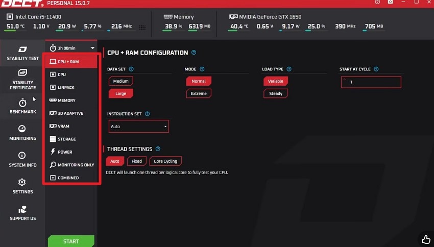 navigate to stability test tab
