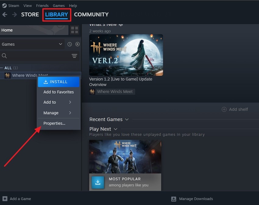 select the properties option